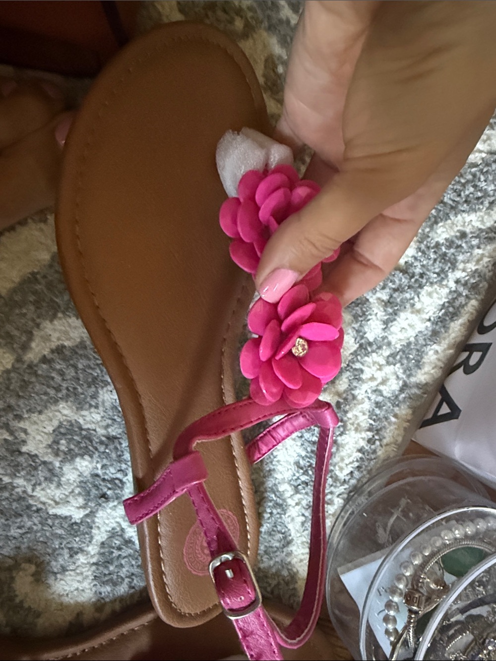 Hot Pink Floral T-Strap Sandals - Picture 2 of 3